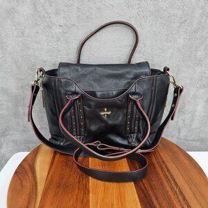 Pour La Victoire Crossbody Bag Black Leather Red Edging Blue Interior Handle Zip